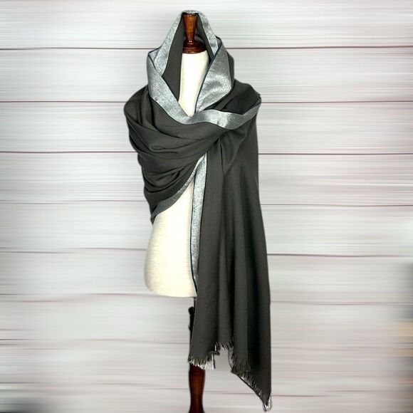 NWOT Echo Large Blanket Scarf Wool Blend Dark Army Green with Silver Trim 74x38” - Picture 1 of 8